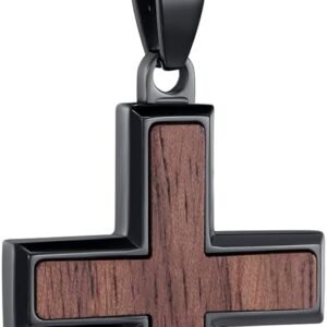 Men's wooden cross necklace—combination of black walnut wood and stainless steel; Christian-style wooden cross pendant with 18–24 inch chain; inspirational jewelry suitable for teens, sons, or fathers (graduation/birthday gift)