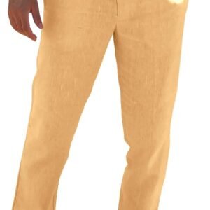 Mens Casual Pants Elastic Waist Linen Lightweight Straight-Legs Loose Fit Summer Beach Yoga Trousers