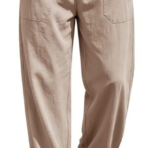 Men's Cotton Linen Pants Elastic Waist Drawstring Casual Trouser Lightweight Straight-Legs Loose Beach Yoga Pants