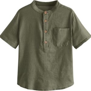 Boys' Summer Lightweight Cotton-Linen Short-Sleeve Button-Front Shirt (with Chest Pocket)